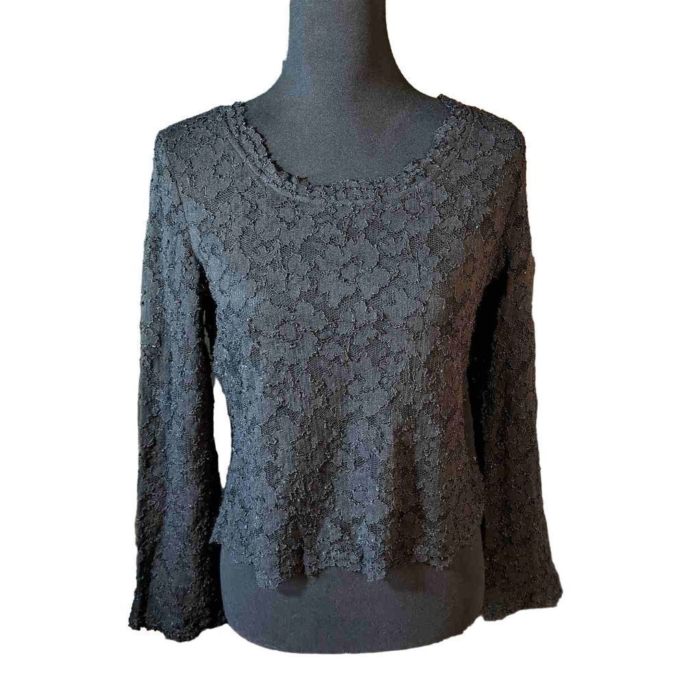 Harris Wallace Black Lace over Sheer attached Tank Cropped Black Shirt SZ PL T13